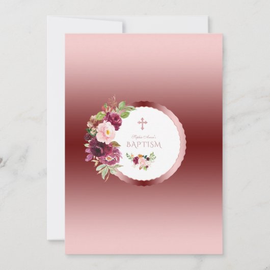 シックなブルゴーニュの花ガール1st誕生日とバプテスマ 招待状 (裏面)