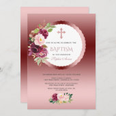 シックなブルゴーニュの花ガール1st誕生日とバプテスマ 招待状 (正面/裏面)