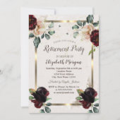 シックなブルゴーニュの花金ゴールドフレーム退職パーティー 招待状 (正面)