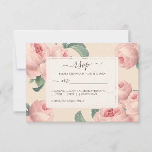 シックなブルゴーニュオフホワイトヴィンテージピンクローズ結婚ズ 出欠カード (正面)