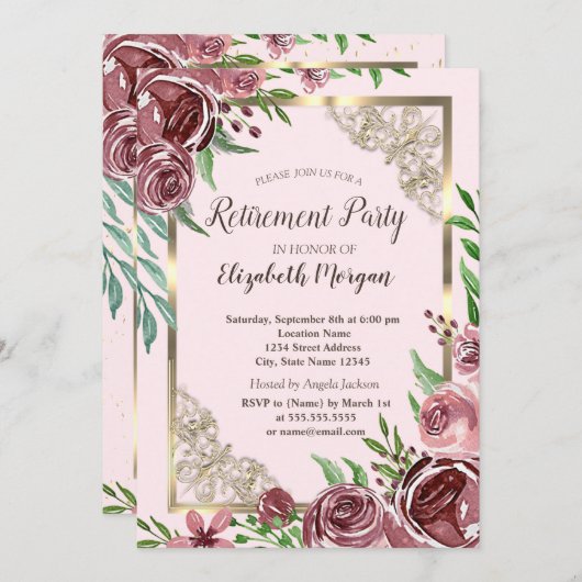 シックなブルゴーニュバラ金ゴールドフレームリタイア 招待状 (正面/裏面)