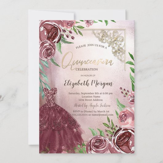 シックなブルゴーニュフラワーズドレス金ゴールドフレームキンセアニェラ 招待状 (正面)