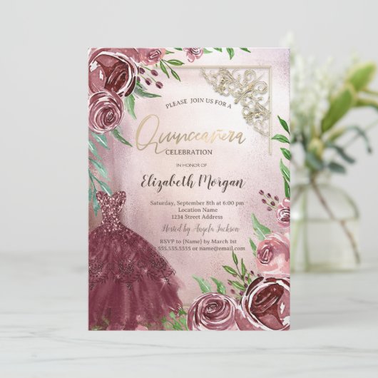 シックなブルゴーニュフラワーズドレス金ゴールドフレームキンセアニェラ 招待状 (スタンド正面)