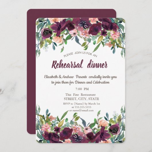 シックなブルゴーニュフラワーリハーサルディナー 招待状 (正面/裏面)