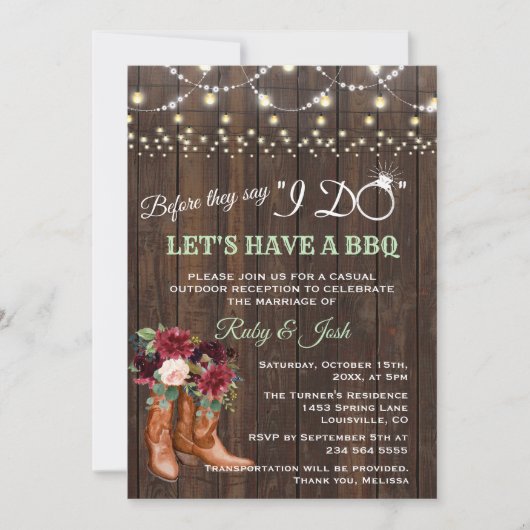シックなブルゴーニュフローラカウボーイブーツ私はBBQをする前 招待状 (正面)