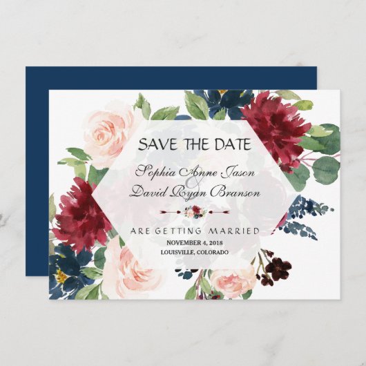 シックなブルゴーニュフローラ六角フレーム日付を保存 セーブザデート (正面/裏面)