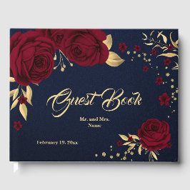 シックなブルゴーニュフローラ葉金ゴールドネイビーブルー ゲストブック