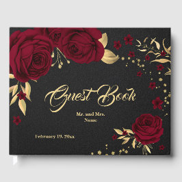 シックなブルゴーニュフローラ葉金ゴールドブラックゲストブック ゲストブック