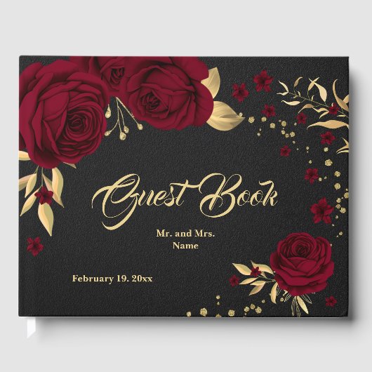 シックなブルゴーニュフローラ葉金ゴールドブラックゲストブック ゲストブック (正面)