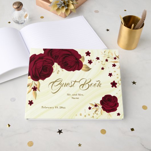 シックなブルゴーニュフローラ葉金ゴールド大理石 ゲストブック (正面見開き)