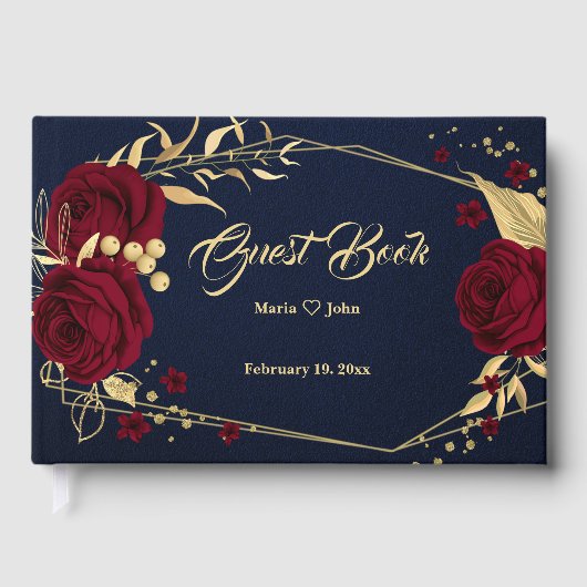 シックなブルゴーニュフローラ葉金ゴールド幾何学海軍 ゲストブック (正面)