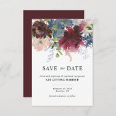 シックなブルゴーニュ埃っぽいブルーフローラ水結婚色の セーブザデート (正面/裏面)