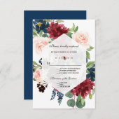シックなブルゴーニュ海軍フローラフレームウェディングRSVP 出欠カード (正面/裏面)