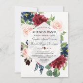 シックなブルゴーニュ海軍フローラ六角リハーサルディナー 招待状 (正面)