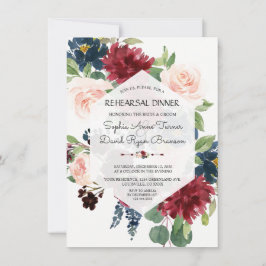 シックなブルゴーニュ海軍フローラ六角リハーサルディナー 招待状