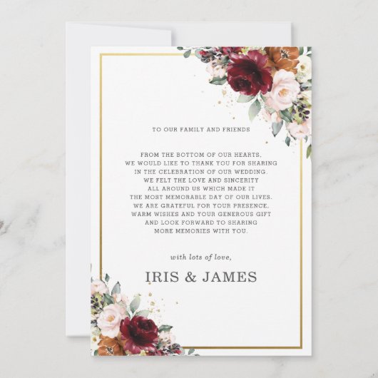 シックなブルゴーニュ結婚ーフローラの写結婚真 サンキューカード (裏面)