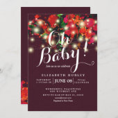 シックなブルゴーニュ赤いフローラ文字列ライト赤ちゃんシャワー 招待状 (正面/裏面)