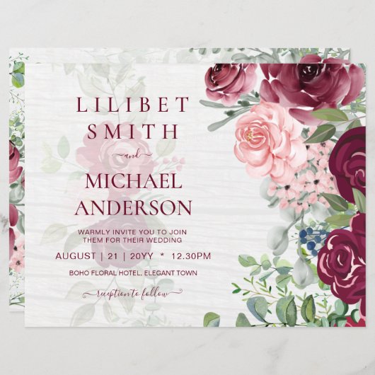 シックなブルゴーニュ赤面ピンクフローラグリーナリー結婚ズ (正面/裏面)