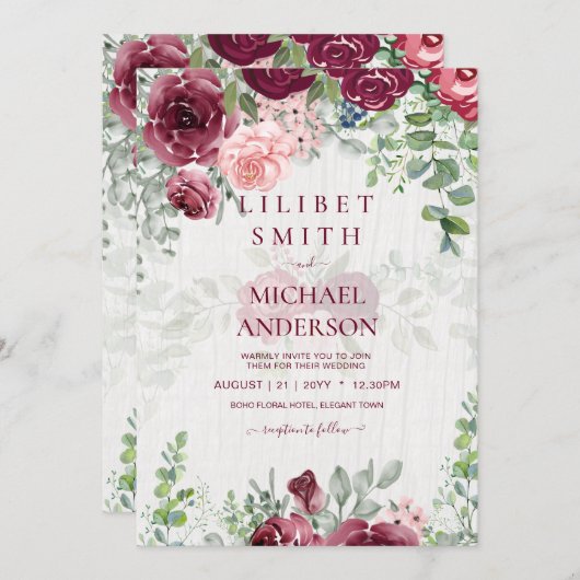 シックなブルゴーニュ赤面ピンクフローラグリーナリー結婚ズ (正面/裏面)