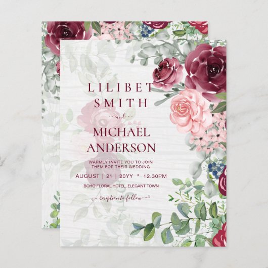 シックなブルゴーニュ赤面ピンクフローラグリーナリー結婚ズ (正面/裏面)