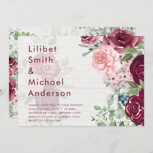 シックなブルゴーニュ赤面ピンクフローラグリーナリー結婚ズ 招待状 (正面/裏面)