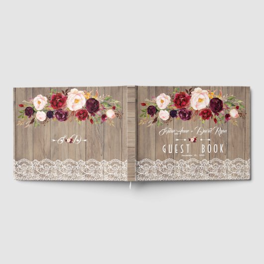シックなブルゴーニュ赤面フラワーズレースウッド結婚ズ ゲストブック (全面)