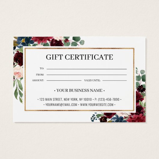 シックなブルゴーニュ赤面フローラギフト証明書カード (裏面)