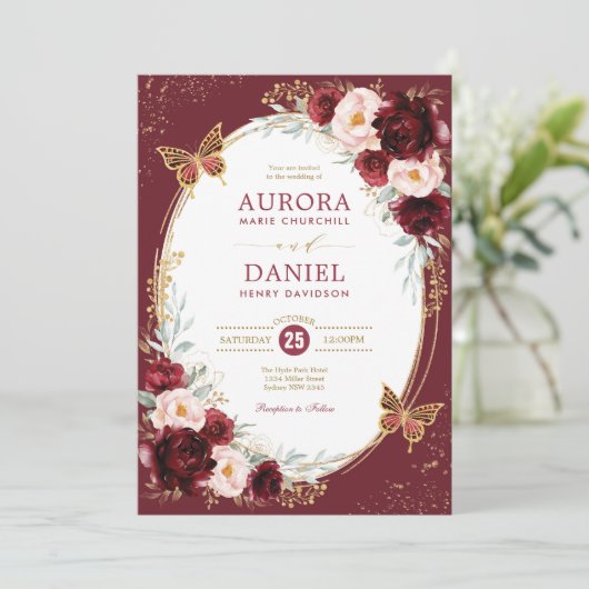 シックなブルゴーニュ赤面フローラバタフライウェディングパーティー 招待状 (スタンド正面)
