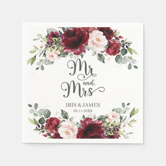シックなブルゴーニュ赤面結婚ピンクフローラのミスター&ミセス スタンダードカクテルナプキン (正面)