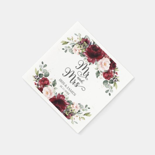 シックなブルゴーニュ赤面結婚ピンクフローラのミスター&ミセス スタンダードカクテルナプキン (角)