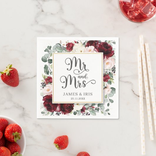 シックなブルゴーニュ赤面結婚ピンクフローラのMr.とMrs. スタンダードカクテルナプキン (インサイチュ)