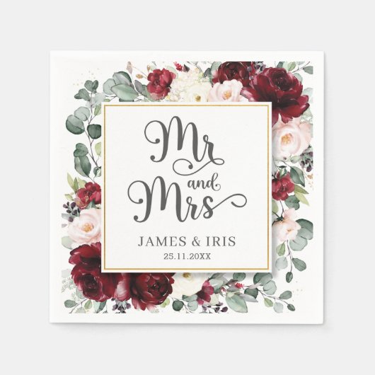 シックなブルゴーニュ赤面結婚ピンクフローラのMr.とMrs. スタンダードカクテルナプキン (正面)