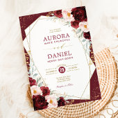 シックなブルゴーニュ赤面金ゴールドフローラ幾何結婚的 招待状