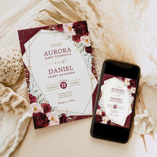 シックなブルゴーニュ赤面金ゴールドフローラ幾何結婚的 招待状