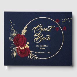 シックなブルゴーニュ金ゴールドフローラリースネイビー結婚ブルー ゲストブック