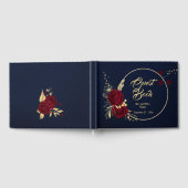 シックなブルゴーニュ金ゴールドフローラリースネイビー結婚ブルー ゲストブック (全面)