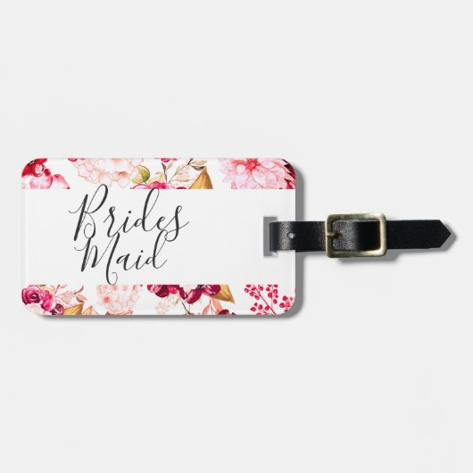 シックなブルゴーニュ&ピンクのフローラ縁どブリーズメイド ラゲッジタグ (正面横)