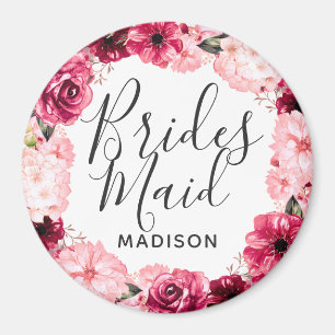 シックなブルゴーニュ&ピンクフローラリースブライドメイド マグネット