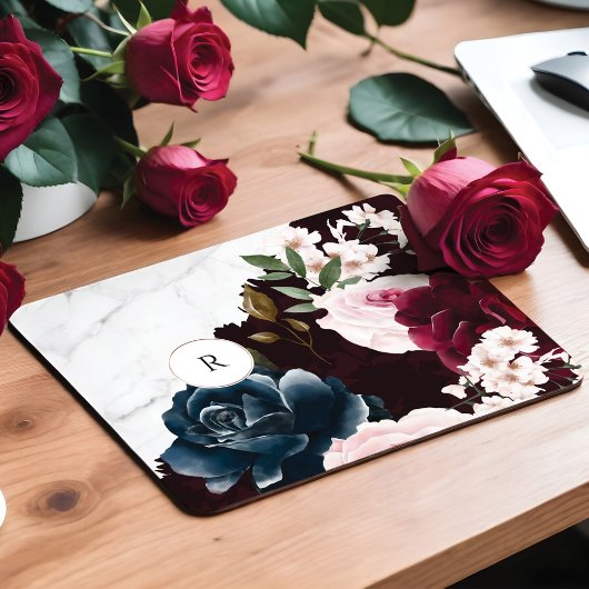 シックなブルゴーニュ&マーブルウォーターカラーフローラモノグラム マウスパッド