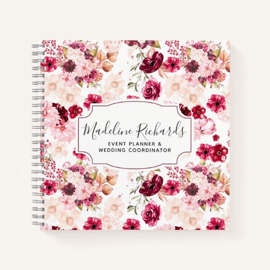 シックなブルゴーニュ&赤面ピンクウォーターカラーフローラ ノートブック (正面)