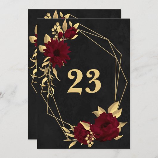 シックなブルゴーニュ&金ゴールドブラックのジオメトリックテーブル番号 招待状 (正面/裏面)