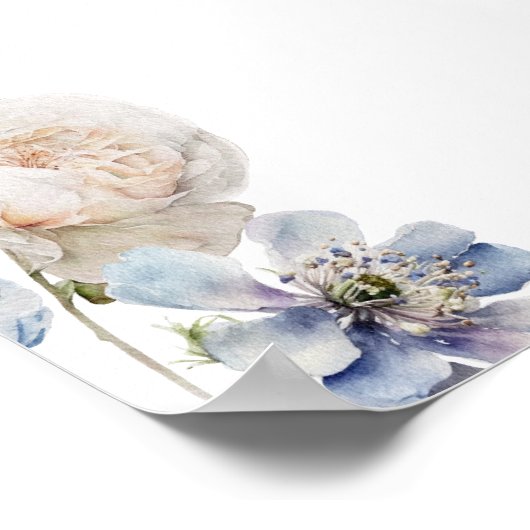 シックなブルーとホワイトのフローラ結婚の歓迎 ポスター (角)