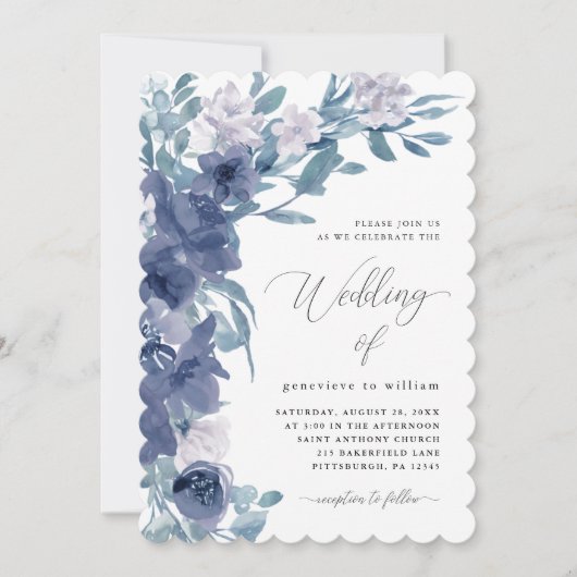 シックなブルーのフローラと書結婚道 招待状 (正面)