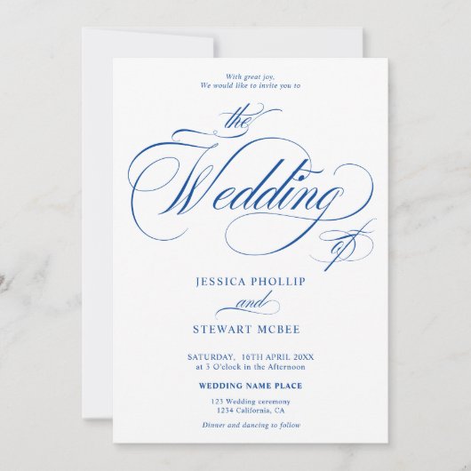 シックなブルーの白い全結婚体の 招待状 (正面)