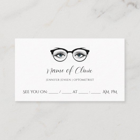 シックなブルーアイメガネアイテストアポイントメント 予約カード (正面)