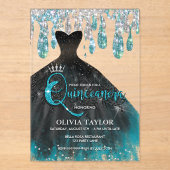 シックなブルーアクアクリスタルドリップキンセアニェラ アクリル招待状 (正面)