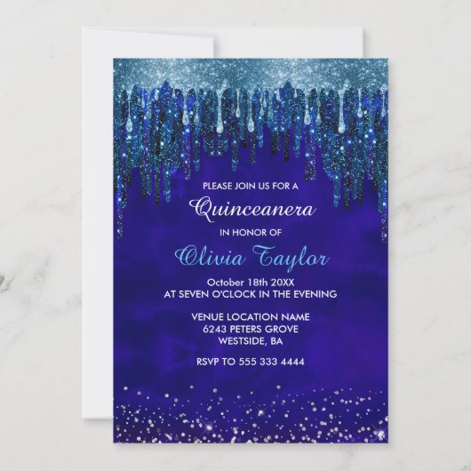 シックなブルーアクアドリップスグリッターバルーンキンセアニェラ 招待状 (裏面)