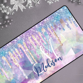 シックなブルーアクアユニコーンドリッピンググリッターモノグラム デスクマット