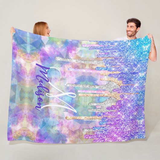 シックなブルーアクアユニコーンドリッピンググリッターモノグラム フリースブランケット (インサイチュ)