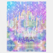 シックなブルーアクアユニコーンドリッピンググリッターモノグラム フリースブランケット (正面)